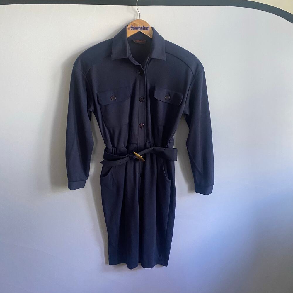 JB Wright LTD Navy Vintage Belted Midi Shirt Dress Size 6 Pockets Statement Work - Picture 9 of 17